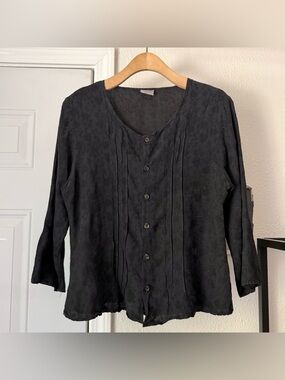 CP SHADES black floral rayon embroidered button up cropped satin shirt top